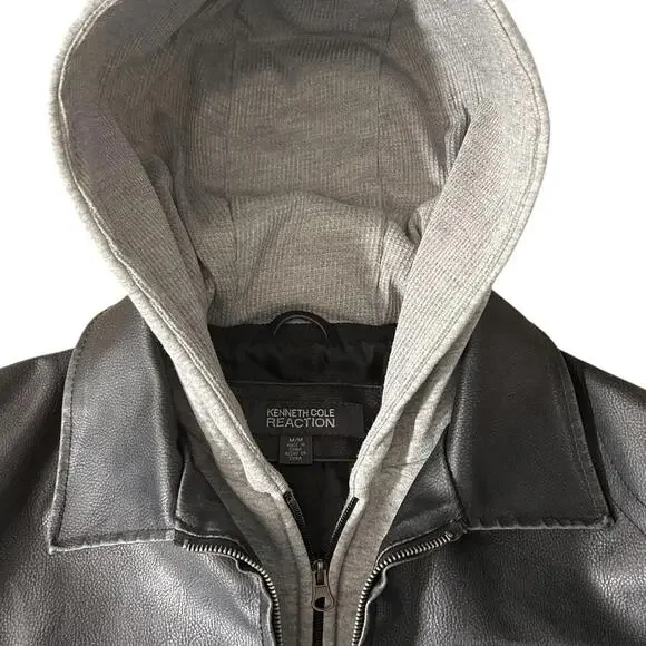 KENNETH COLE Vintage Mens M/L Black Bomber Moto Jacket w/ Zip-Out Fleece Hood - Picture 5 of 9